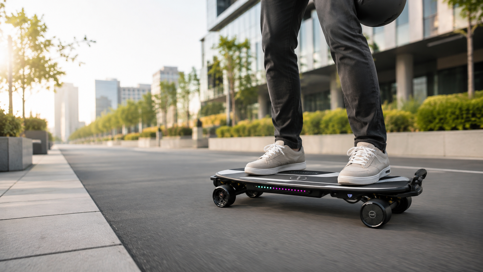 Adult rider commuting on an electric skateboard