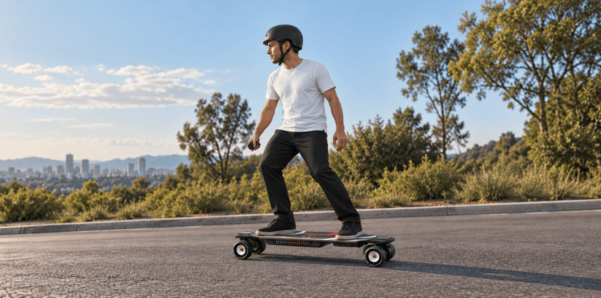 A helmeted rider gently slows a Maxfind Cyber Max X with 107mm wheels on dry, level asphalt.