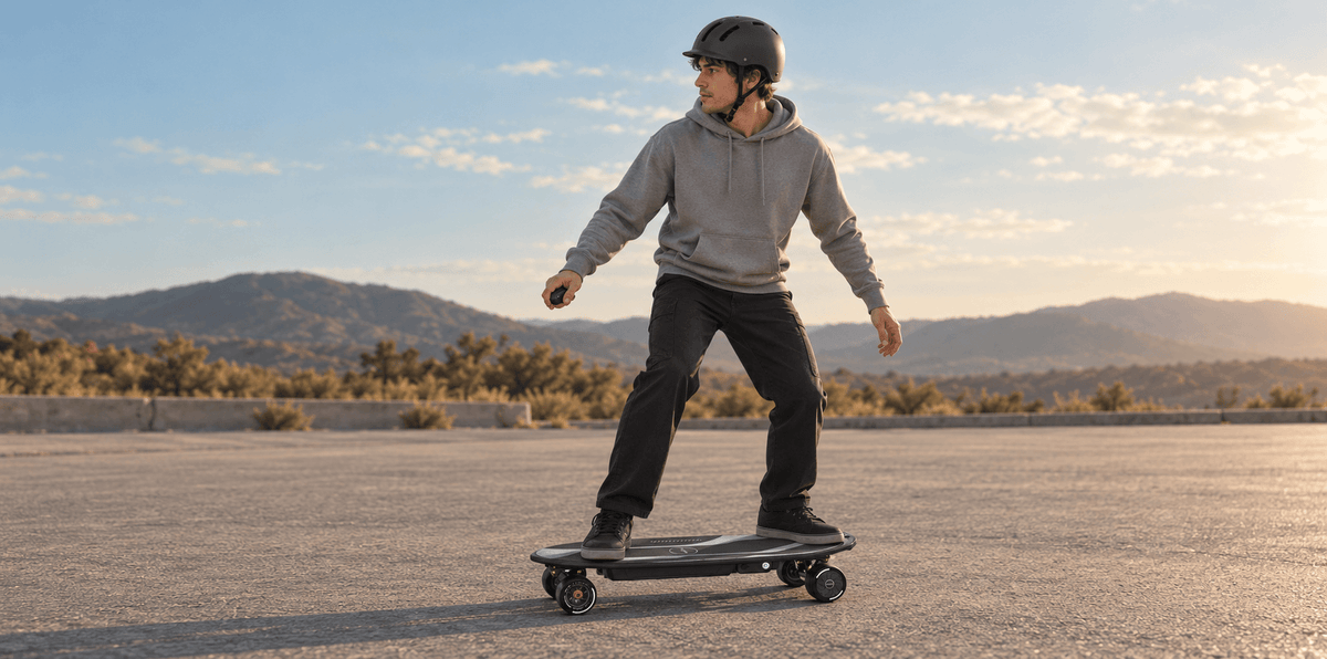 Rider standing on a MAXFIND CYBER MINI with a remote before a low-speed start on clear pavement.