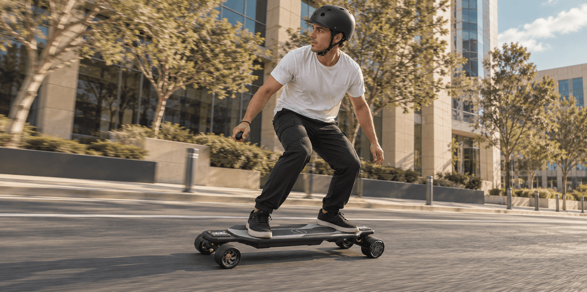 Helmeted rider holding a remote while cruising on a Maxfind Cyber Max electric skateboard along a paved city street.