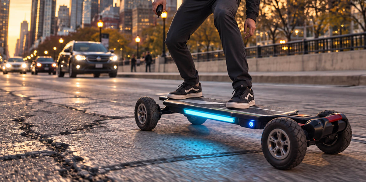 City commuter rolling over patched asphalt and expansion joints on a generic electric skateboard