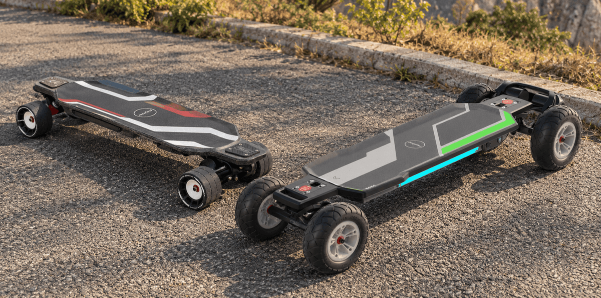 Maxfind Cyber Max X with 107mm street wheels beside a belt-drive Cyber Ultra with 175mm pneumatic tires on rough asphalt.