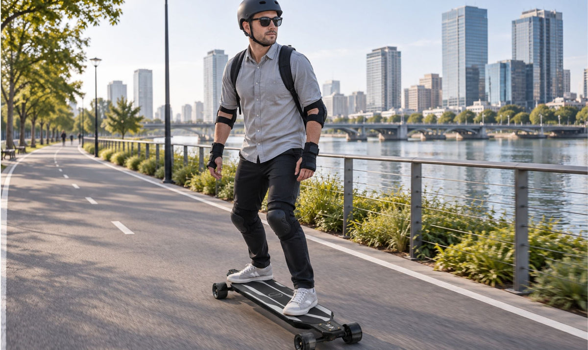 Commuter riding a MAXFIND CYBER MAX on a riverside city bike path