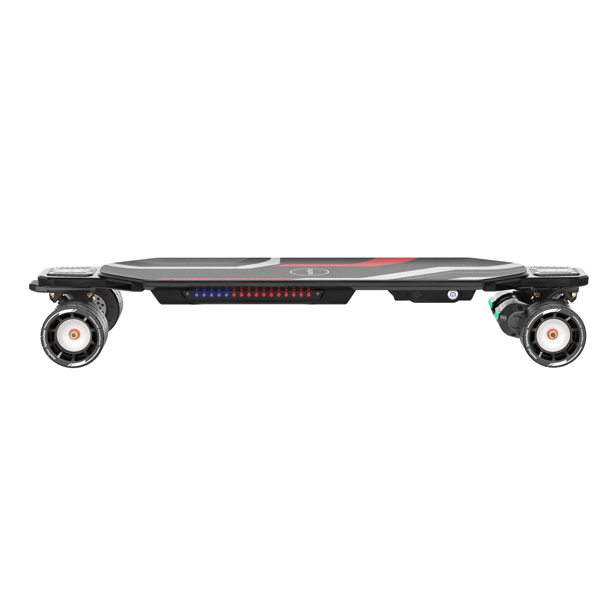Black electric skateboard with LED lights on a white background