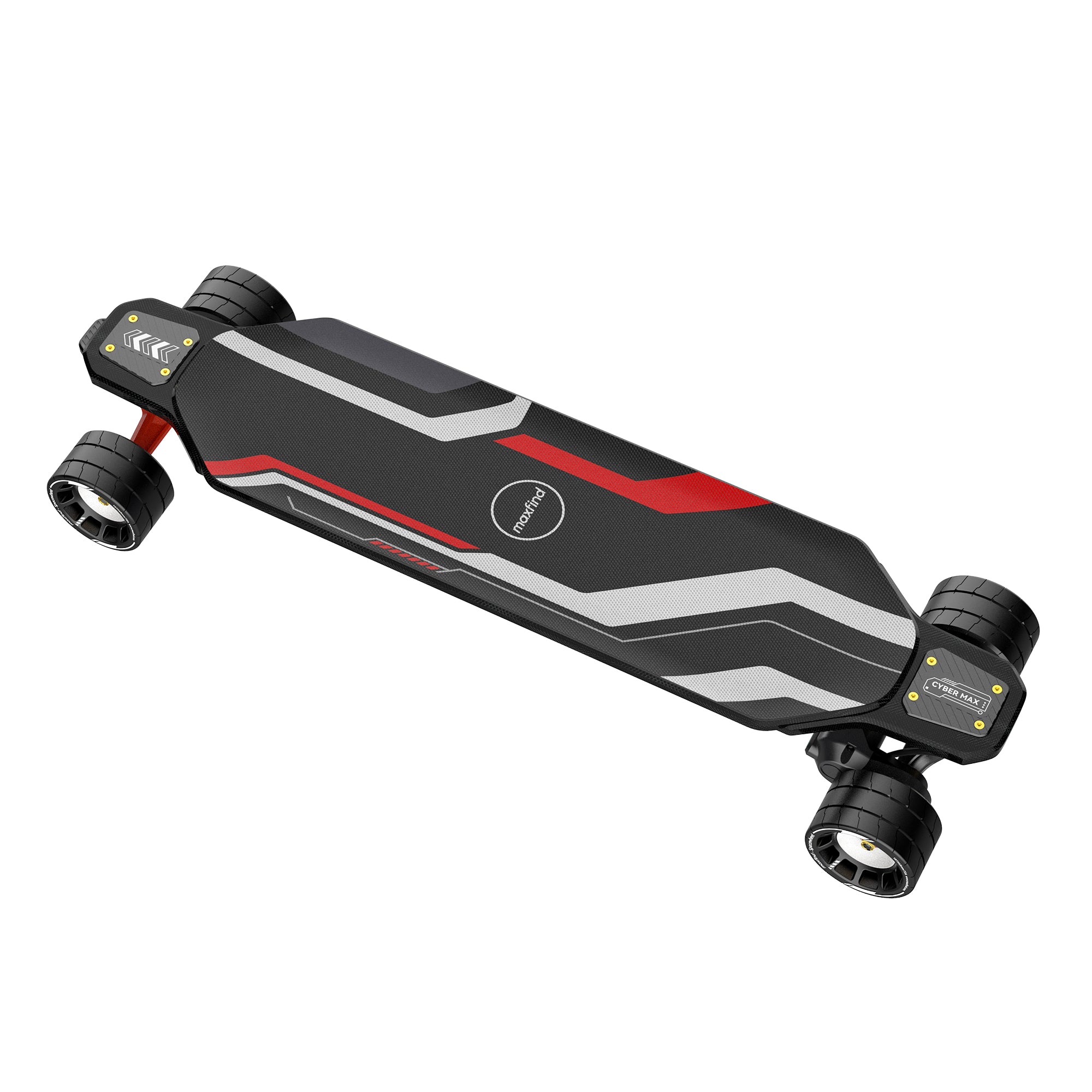 Black and red electric skateboard on a white background