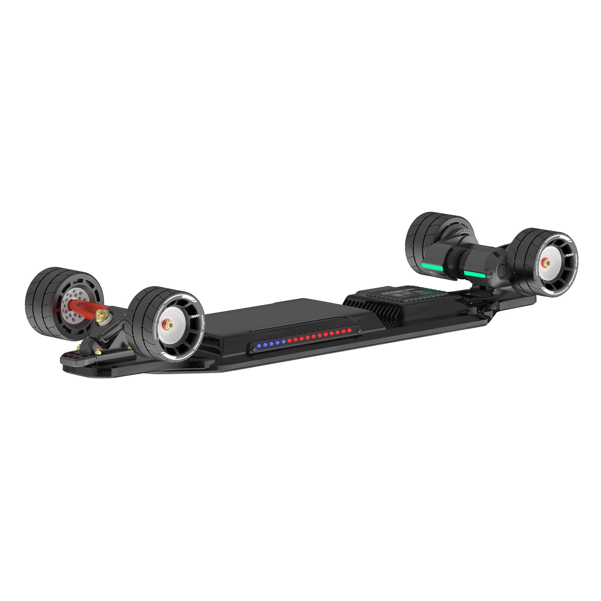 Black electric skateboard with visible components on a white background