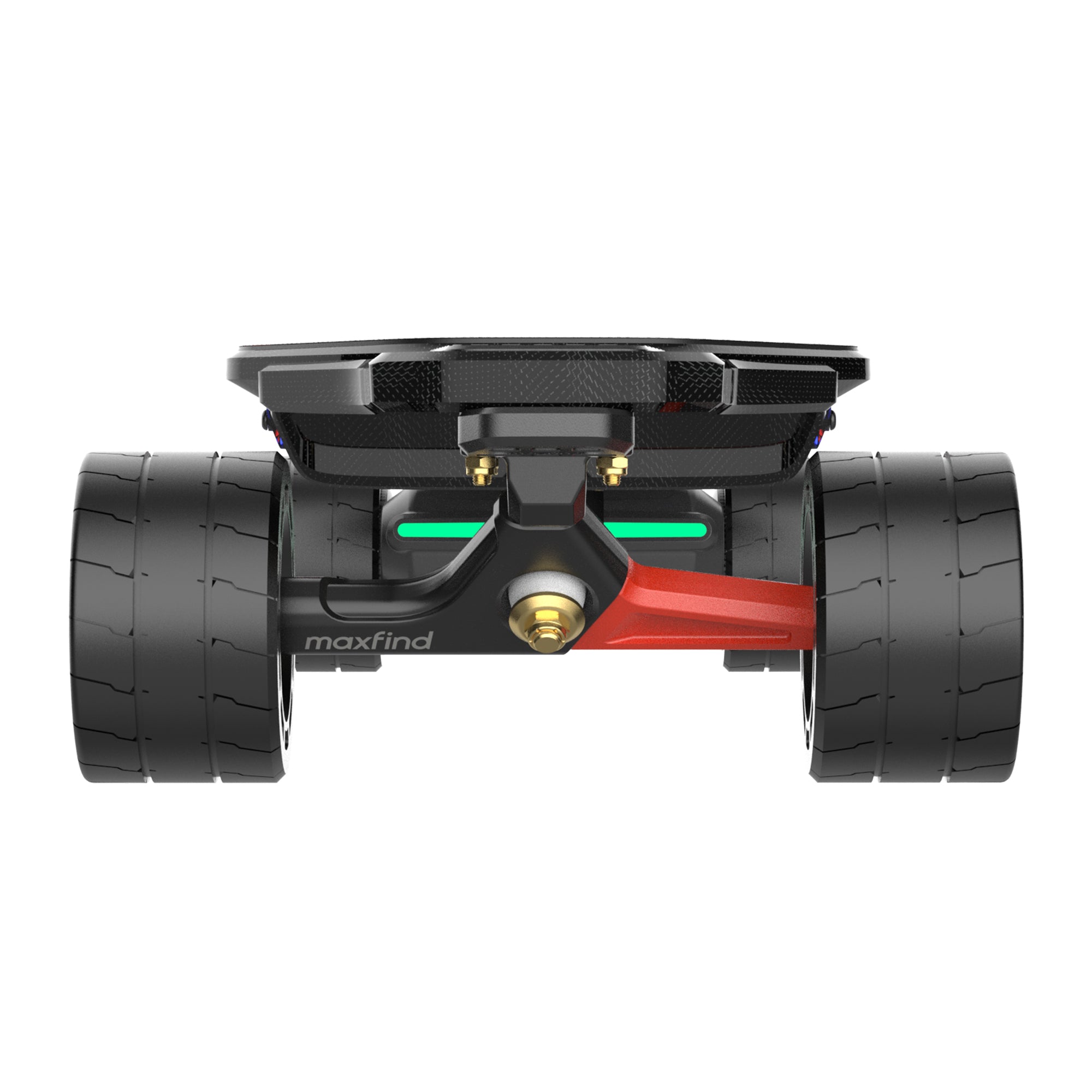 Back view of a black and red robot with 'maxfind' branding on a white background