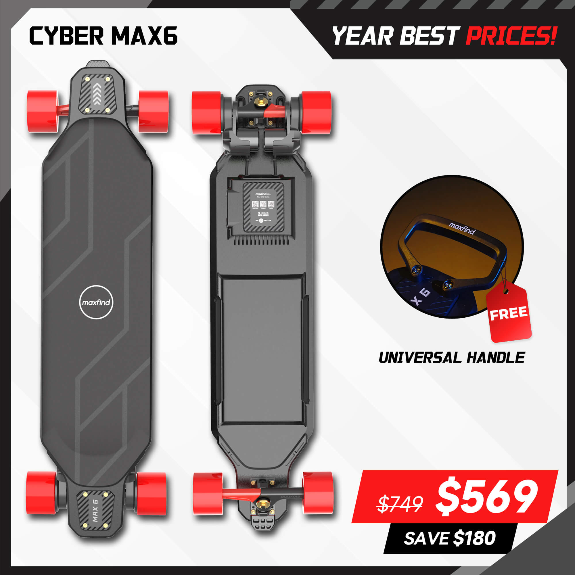 Electric skateboard with red wheels on a promotional background