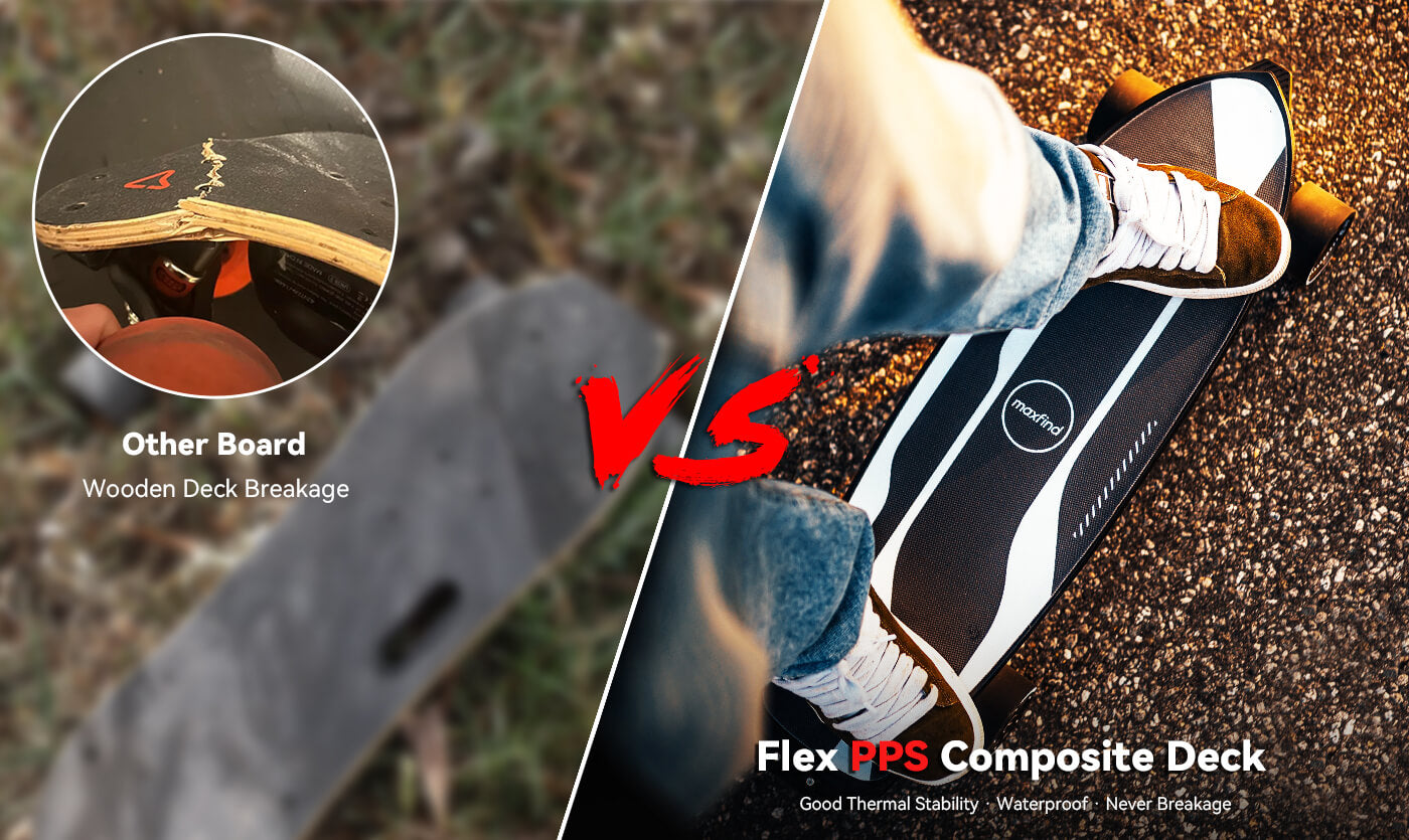 Comparison of Flex PPS Composite Deck vs Other Board with wooden deck breakage on a textured surface.