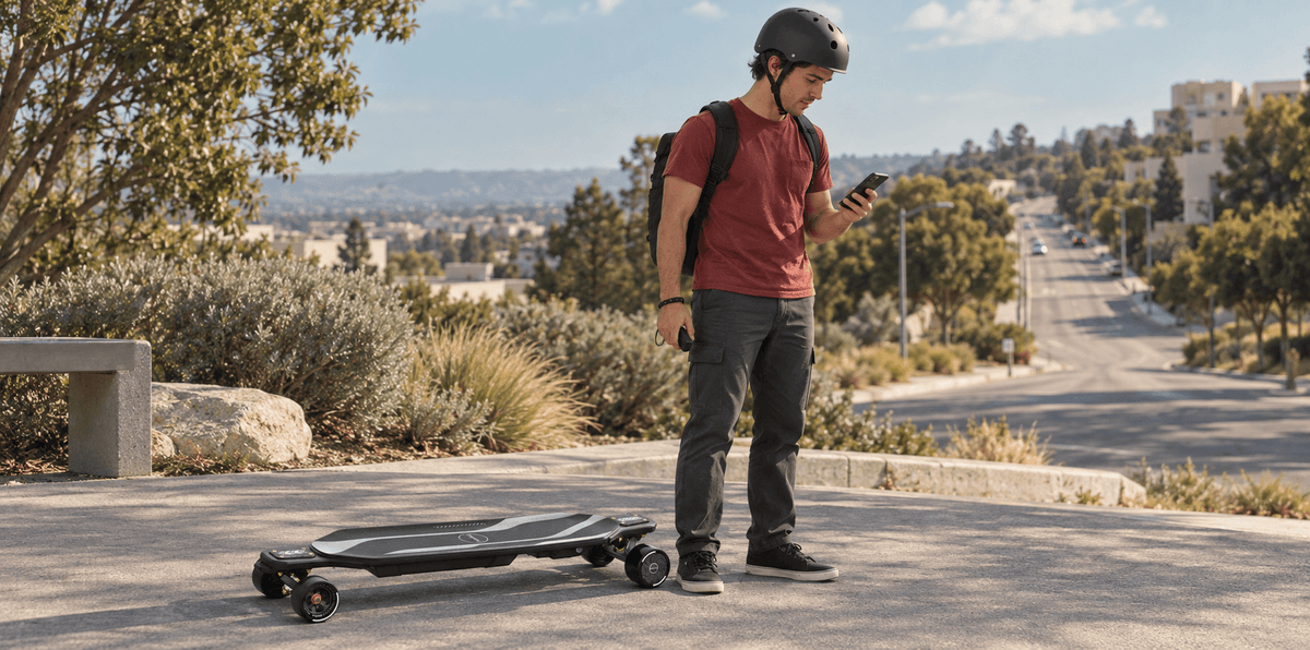 Helmeted commuter checking a route on a phone beside a Maxfind Cyber Max LR, with a gentle uphill road ahead