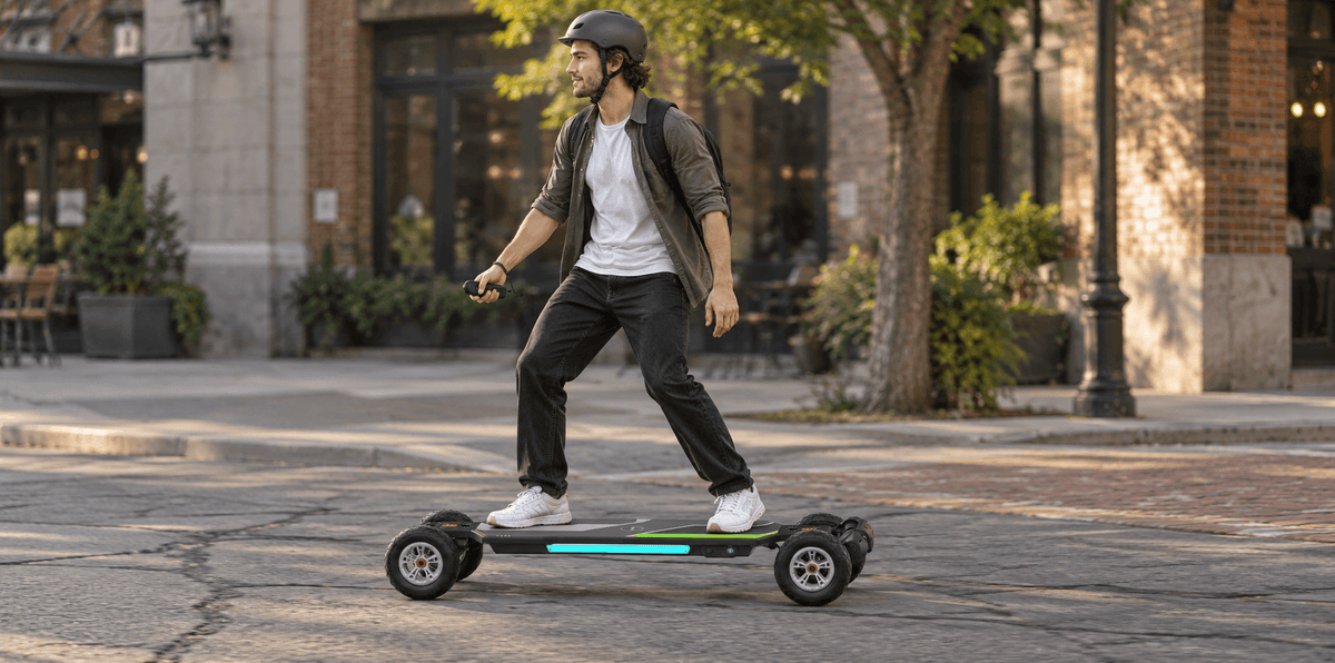 A helmeted rider holds a remote while standing on a MAXFIND CYBER ULTRA electric skateboard on a cracked city street. The board features large tires and a glowing turquoise side light.