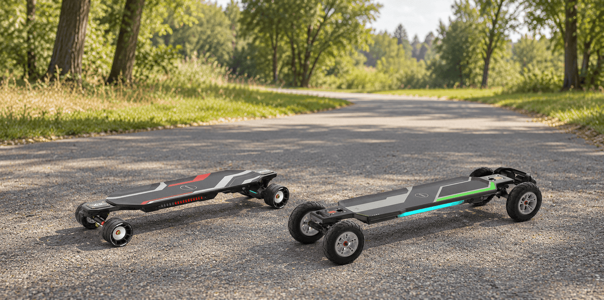 Maxfind Cyber Max X with 107mm wheels beside a belt-drive Cyber Ultra with 175mm pneumatic tires at a paved trail entrance.