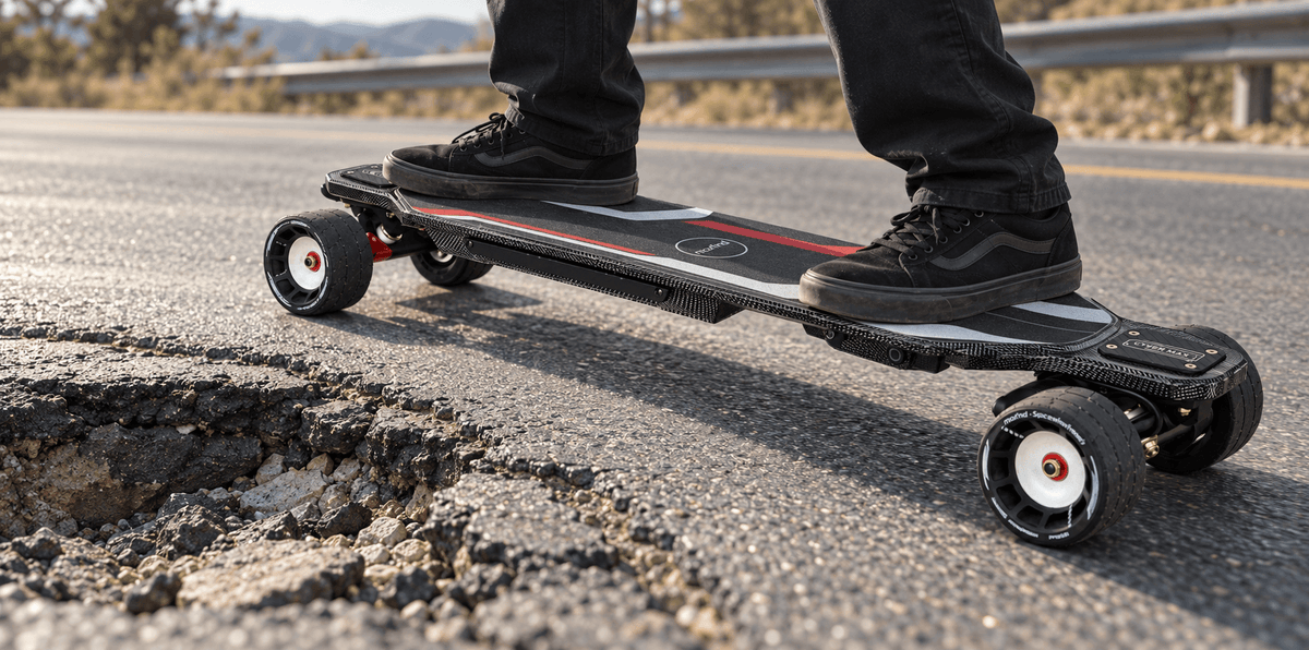 Rider on a Maxfind Cyber Max X following intact asphalt beside a deep pothole on a rough road.