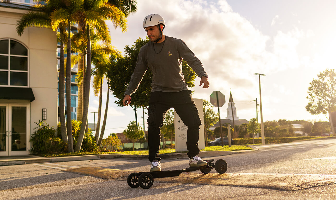 Electric Skateboard in City Traffic