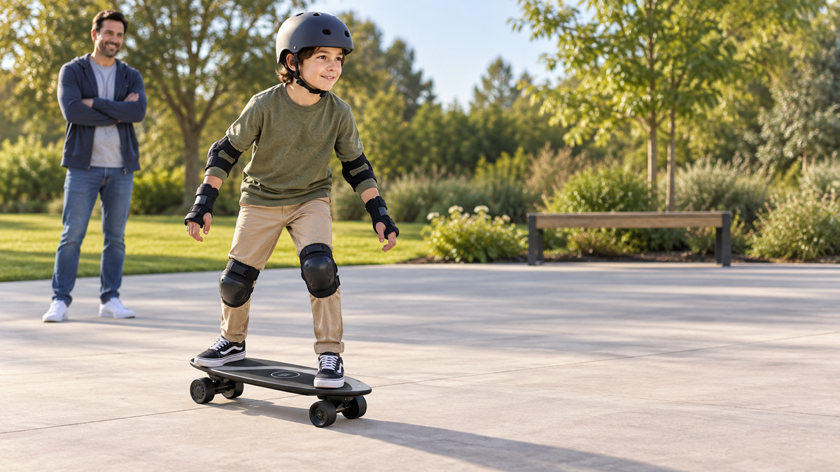 Child learning to ride a MAXFIND MAX ONE with protective gear and adult supervision