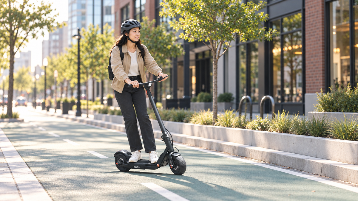 Woman riding a MAXFIND GLIDER G5 on a protected urban bike lane