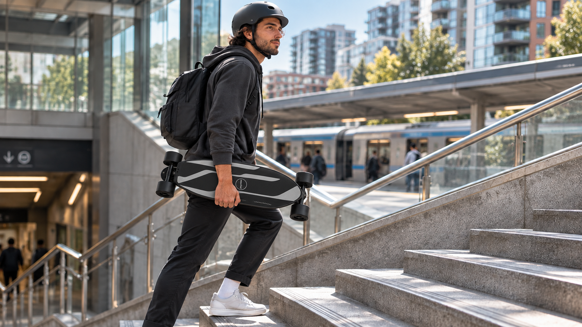 Commuter carrying a MAXFIND CYBER MINI AIR electric skateboard up transit station stairs