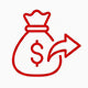 Icon of a money bag with a dollar sign and an arrow, symbolizing financial gain or investment.