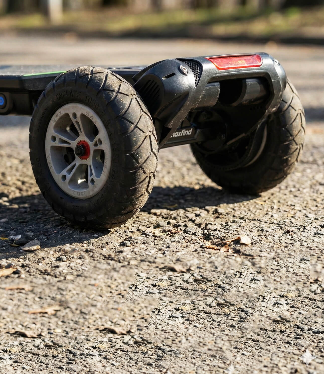 off road electric skateboard at wheels