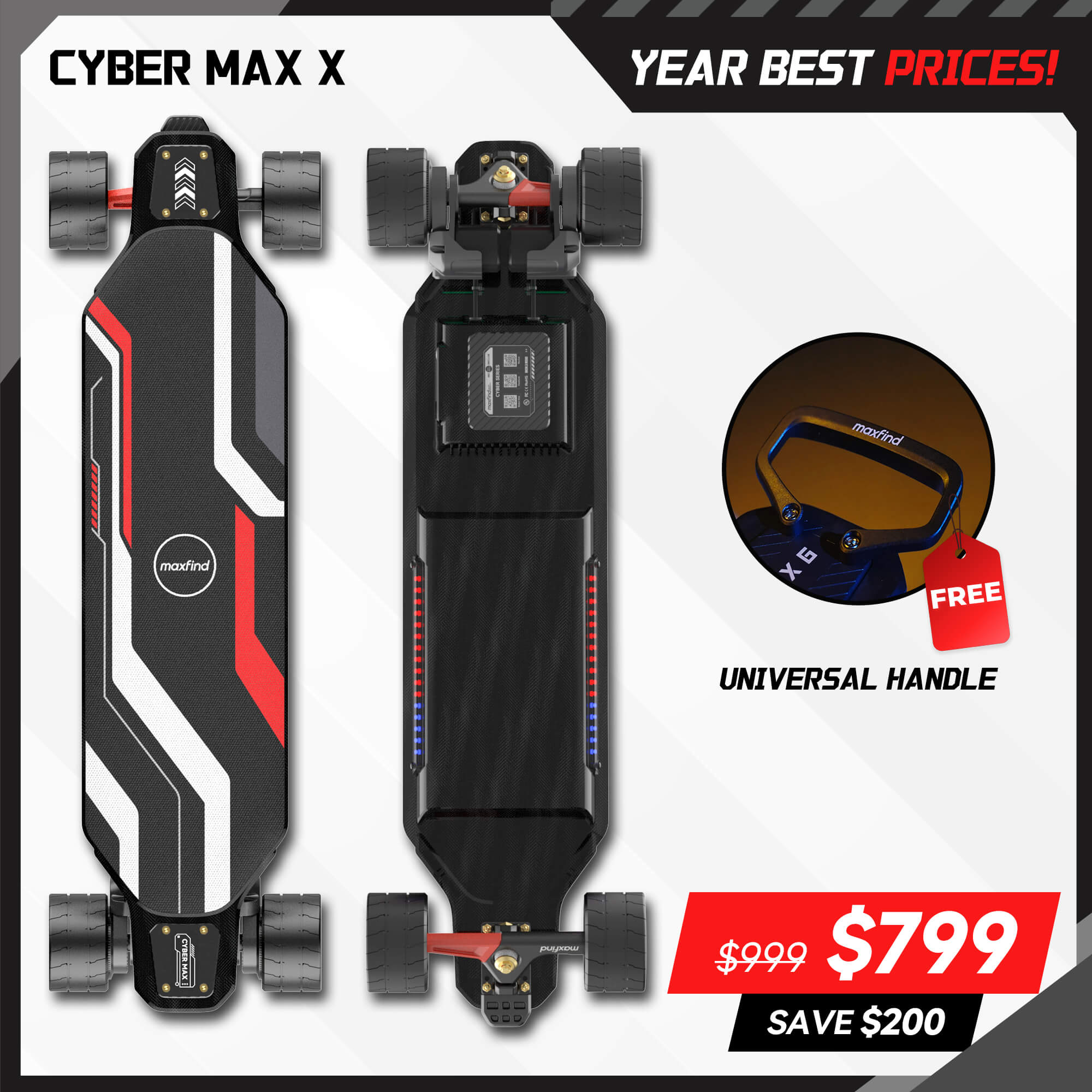 Electric skateboard with 'Year Best Prices!' text and a free handle offer.
