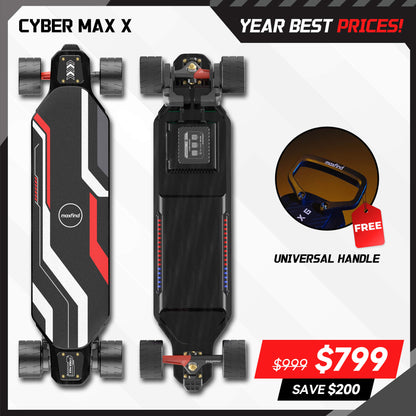 Electric skateboard with 'Year Best Prices!' text and a free handle offer.